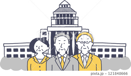 国会議事堂を背景に立つスーツ姿の男女単色 国会議事堂を背景に立つスーツ姿の男女単色 121848666