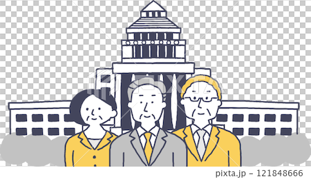 Monochrome men and women in suits standing with the National Diet Building in the background 121848666