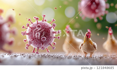 close-up of a virus particle near chickens, symbolizing the impact of viral outbreaks on poultry health 121848685