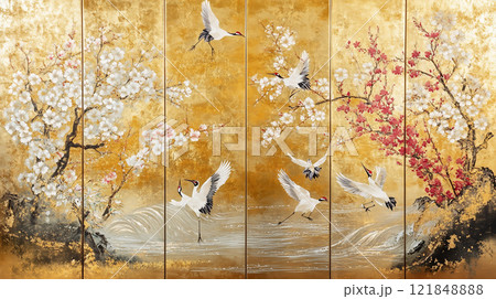 金屏風に描かれた舞い踊る鶴と満開の桜、日本の四季を彩る優美な伝統アート 121848888