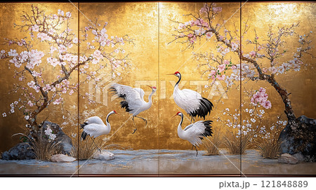 桜と鶴が描かれた優美な金屏風、日本の伝統美を表現するアート 121848889