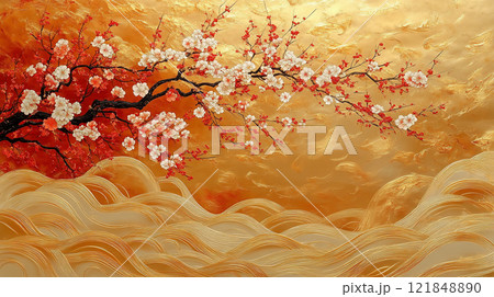 金箔の背景に赤白の花咲き誇る和風アート作品 121848890
