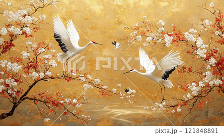 金箔の背景に舞い踊る鶴と赤白の花が織りなす華麗な和風アート作品 121848891