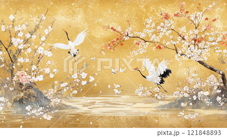 金箔の背景に舞う鶴と咲き誇る桜、和風の自然美を表現した華麗なアート作品 121848893