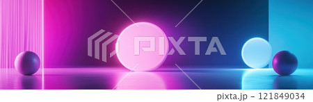 Futuristic gradient background with neon colors and glowing geometric shapes creating a vibrant digital atmosphere Futuristic gradient background with neon colors and glowing geometric shapes creating a vibrant digital atmosphere 121849034