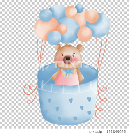 Cute Bear Sitting in a Sky Gondola Filled with Balloons Illustration. 121849066