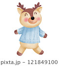 Happy Reindeer Wearing a Blue Sweater Illustration. 121849100