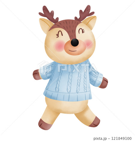 Happy Reindeer Wearing a Blue Sweater Illustration. Happy Reindeer Wearing a Blue Sweater Illustration. 121849100