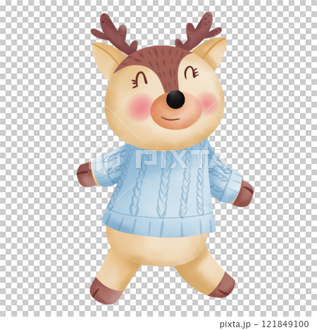 Happy Reindeer Wearing a Blue Sweater Illustration. Happy Reindeer Wearing a Blue Sweater Illustration. 121849100