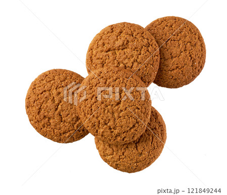 oatmeal cookies isolated, top view. Round oatmeal cookies isolated on a white background , top view. oatmeal cookies isolated, top view. Round oatmeal cookies isolated on a white background , top view. 121849244