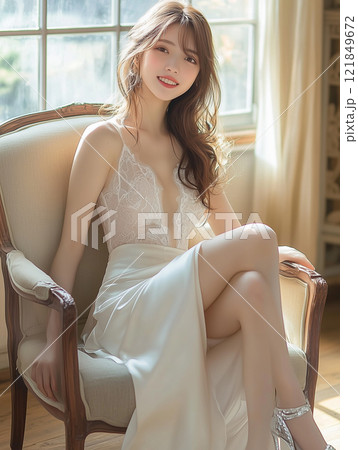 白色のドレスを着たオシャレで美しい女性。ファションポートレート 121849672