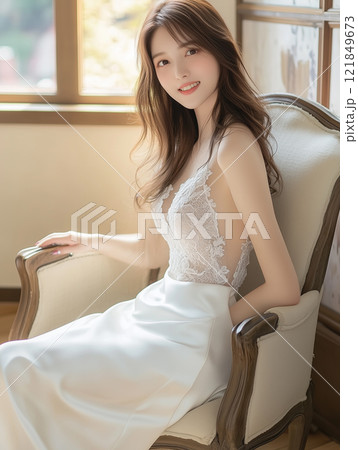 白色のドレスを着た若い日本人女性 121849673