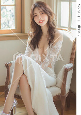 エレガントな白色のドレスを着て椅子に座る若い女性 121849725