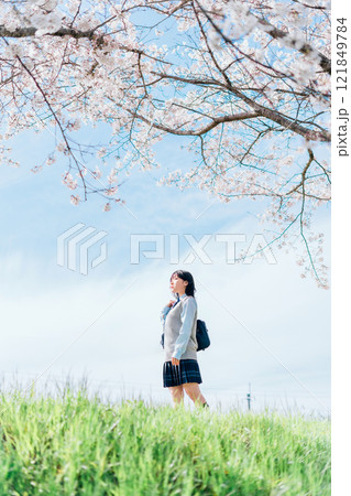 桜の咲いた河川敷を通学する女子高生 121849784