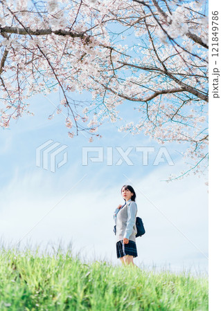 桜の咲いた河川敷を通学する女子高生 121849786