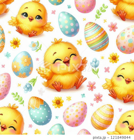 Happy Yellow Easter chicken and floral background, Easter egg card, framed banner design. Happy Yellow Easter chicken and floral background, Easter egg card, framed banner design. 121849844