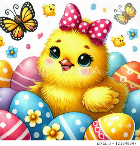 Happy Yellow Easter chicken and floral background, Easter egg card, framed banner design. 121849847