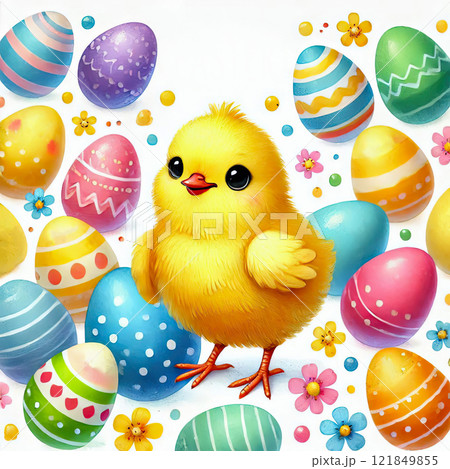 Happy Yellow Easter chicken and floral background, Easter egg card, framed banner design. Happy Yellow Easter chicken and floral background, Easter egg card, framed banner design. 121849855