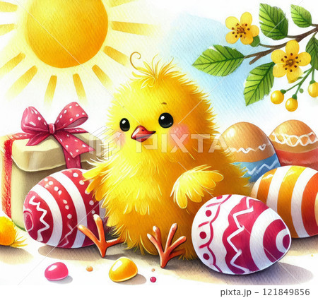 Happy Yellow Easter chicken and floral background, Easter egg card, framed banner design. 121849856
