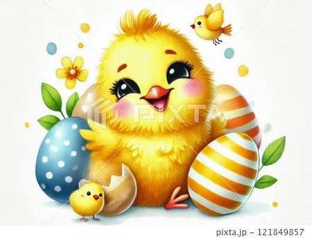 Happy Yellow Easter chicken and floral background, Easter egg card, framed banner design. 121849857