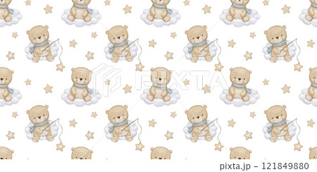 Seamless watercolor pattern with cute baby bear on clouds. Animal in sky, hand drawn illustration on white repeat background 121849880
