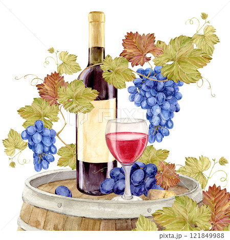 Watercolor bottle of red wine with old paper label and glass of red wine on a log oak barrel. Grapevine with blue berries. Illustration for tasting, menu, cafe, bar, posters and wine list design. 121849988