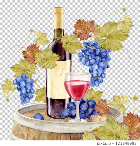 Watercolor bottle of red wine with old paper label and glass of red wine on a log oak barrel. Grapevine with blue berries. Illustration for tasting, menu, cafe, bar, posters and wine list design. 121849988