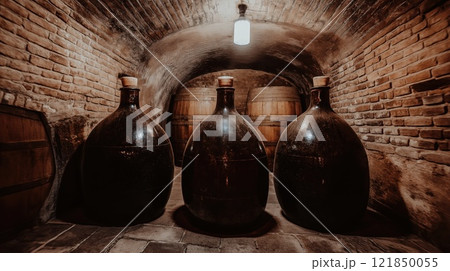 Large demijohns aging in traditional brick wine cellar 121850055