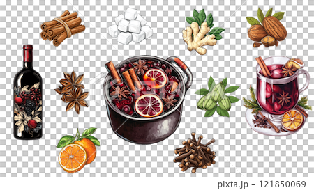 Mulled Wine Ingredients and Preparation on Transparent Background 121850069