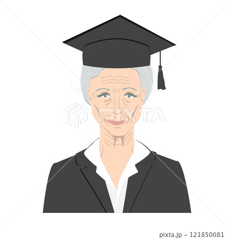 Portrait of a senior woman in graduate gown. Avatar of an elderly professor lady, vector isolated illustration 121850081