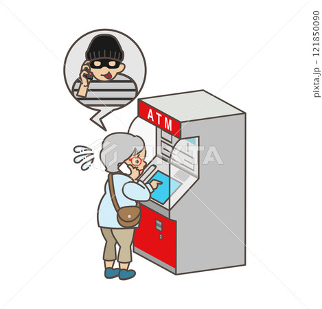 詐欺師とスマホで通話しながらATMを操作するシニア女性 - 特殊詐欺 主線あり 詐欺師とスマホで通話しながらATMを操作するシニア女性 - 特殊詐欺 主線あり 121850090