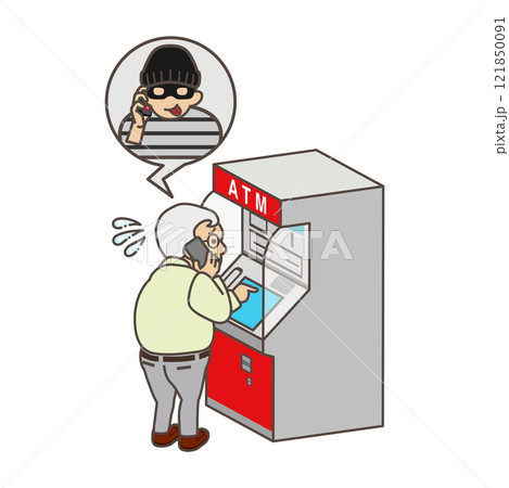 詐欺師とスマホで通話しながらATMを操作するシニア男性 - 特殊詐欺 主線あり 詐欺師とスマホで通話しながらATMを操作するシニア男性 - 特殊詐欺 主線あり 121850091