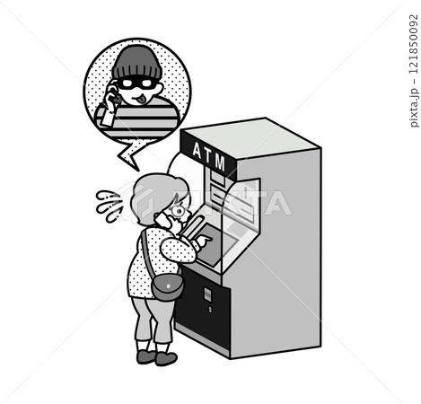 詐欺師とスマホで通話しながらATMを操作するシニア女性 - 特殊詐欺 主線あり モノトーン 詐欺師とスマホで通話しながらATMを操作するシニア女性 - 特殊詐欺 主線あり モノトーン 121850092