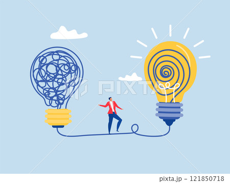 business people discover easy way,businessman walking away from mess chaos line to simple lightbulb idea for Simplify idea to find solution vector illustrator business people discover easy way,businessman walking away from mess chaos line to simple lightbulb idea for Simplify idea to find solution vector illustrator 121850718
