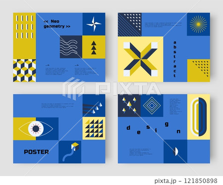 Neo geo posters. Abstract color cards. Minimal figures collage. Bright squares. Stars and circles. Bauhaus shapes. Modern design geometric compositions. Triangle forms. Vector brutalist banners set 121850898
