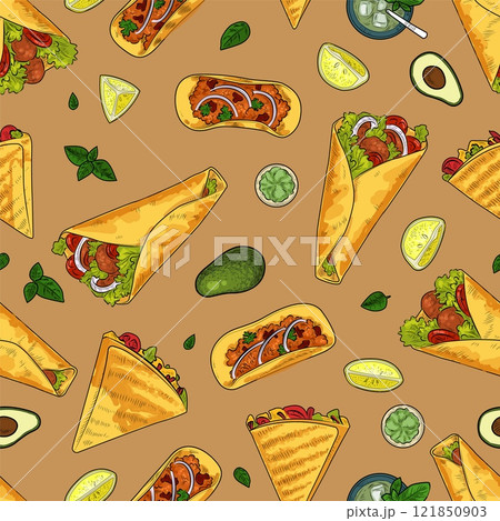 Food Mexican seamless pattern. Tortilla and shawarma. Fastfood packaging. Sketch style drawing. Taco restaurant. Decor textile, wrapping, wallpaper design. Kitchen print for fabric. Vector background 121850903