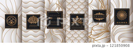 Gold design background. Label golden pattern. Wine package. Floral box logo. Marble premium texture. Leaves ornament. Beauty modern frame. Curve lines print. Baroque sticker. Vector tidy borders set 121850908