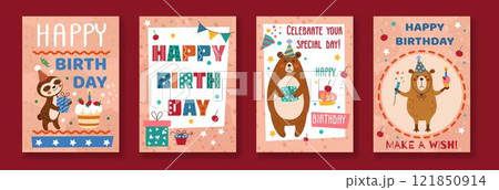 Birthday card. Happy kids party celebration. Elements hat, cake, animal character. Bear and sloth. Poster with gifts, confetti decoration. Banner balloons. Vector tidy cartoon flat isolated background 121850914