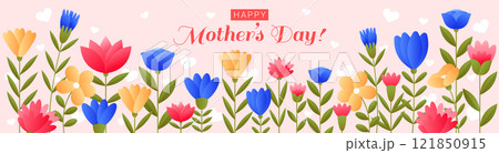 Happy Mothers Day. Geometric blossom bunch, floral card, romantic flower decoration, feminine design. Decorative horizontal banner. Simple minimalistic plant. Vector paper garish modern background Happy Mothers Day. Geometric blossom bunch, floral card, romantic flower decoration, feminine design. Decorative horizontal banner. Simple minimalistic plant. Vector paper garish modern background 121850915