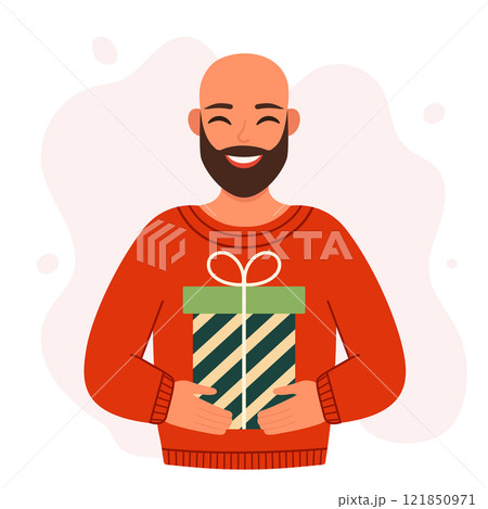Young bald bearded man holding a gift. Christmas design. Vector simple flat illustration Young bald bearded man holding a gift. Christmas design. Vector simple flat illustration 121850971
