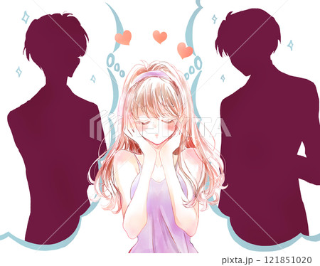 ふたりの男性の間で迷う女性　シルエット 121851020