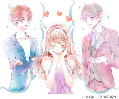 ふたりの男性の間で迷う女性 121851024