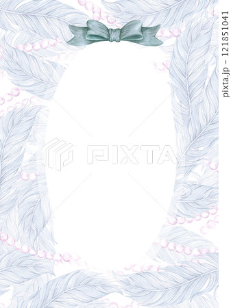 Carnival blue feathers with pearls and bow frame border. Hand drawn watercolor masquerade illustration isolated on white background. Can be used for postcard, invitation and other printed products. Carnival blue feathers with pearls and bow frame border. Hand drawn watercolor masquerade illustration isolated on white background. Can be used for postcard, invitation and other printed products. 121851041