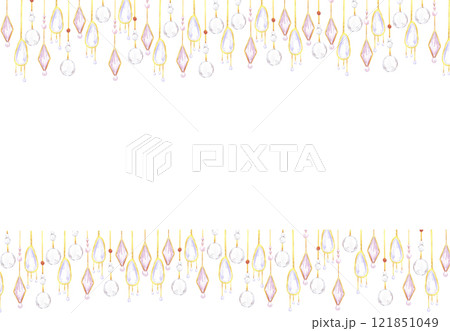 Christmas garlands frame border. Hand drawn watercolor illustration of beads and gemstones isolated on white background. Can be used for postcard, invitation, scrapbook and other printed products. Christmas garlands frame border. Hand drawn watercolor illustration of beads and gemstones isolated on white background. Can be used for postcard, invitation, scrapbook and other printed products. 121851049
