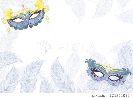Carnival mask with feathers. Hand drawn watercolor masquerade frame border with string of pearls isolated on white background. Can be used for postcard, invitation and other printed products. 121851053