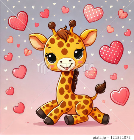 A cute, cartoon-style baby giraffe with large, expressive eyes and a friendly smile with red hearts 121851072