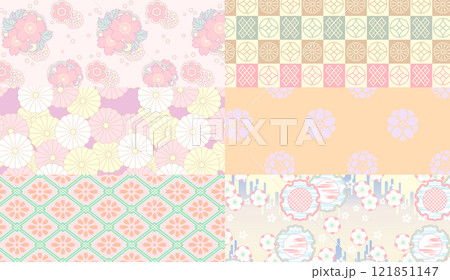 春らしいパステルカラーのポップな和柄6種・縁起柄背景素材シームレスパターン 121851147