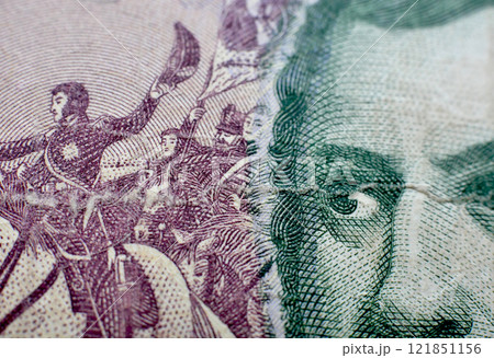 National Argentinian currency - 5 cinco pesos paper banknote close up macro 121851156