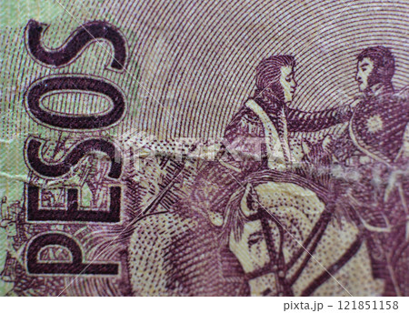 National Argentinian currency - 5 cinco pesos paper banknote close up macro 121851158