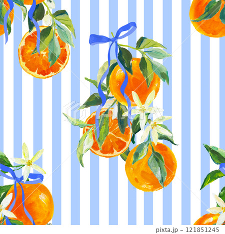 Beautiful seamless pattern colorful summer beach vacation in Capri Italy tropical mood summer, ribbon bow, oranges, Vacation seamless pattern on Striped. Design for all prints 121851245